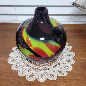 Vintage Murano Art Glass Tutti Frutti Vase Black Squat Melon(3-16)(m)